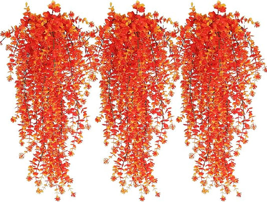 Artificial Hanging Plants Fall Faux Eucalyptus Leaf Fall Fake Hanging Plants Fall Hanging Vines Artificial Fall Flowers Faux Autumn Plants for Thanksgiving Indoor Outdoor House Wedding Party(Gold)