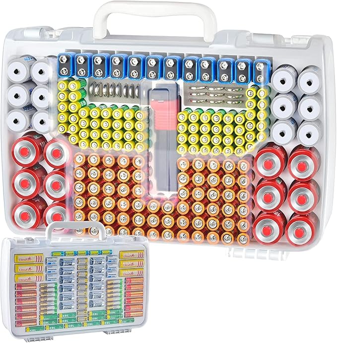 Battery Organizer Storage Case with Double-Sided, Garage Box with Tester Checker Batteries Container for 269pcs AA AAA AAAA 3A 4A 9V C D Lithium 4LR44 CR2 CR123A CR1632 CR2032 18650(Case Only)-White