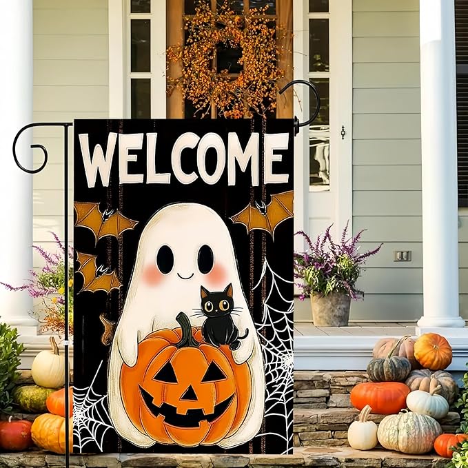 Halloween Garden Flag 12X18 Inch Double Side,Pumpkin Ghost Yard Flag, Welcome Jack O Lantern Small Garden Flag,Yard Outdoor Flag for Holiday Outside Patio Lawn Decoration