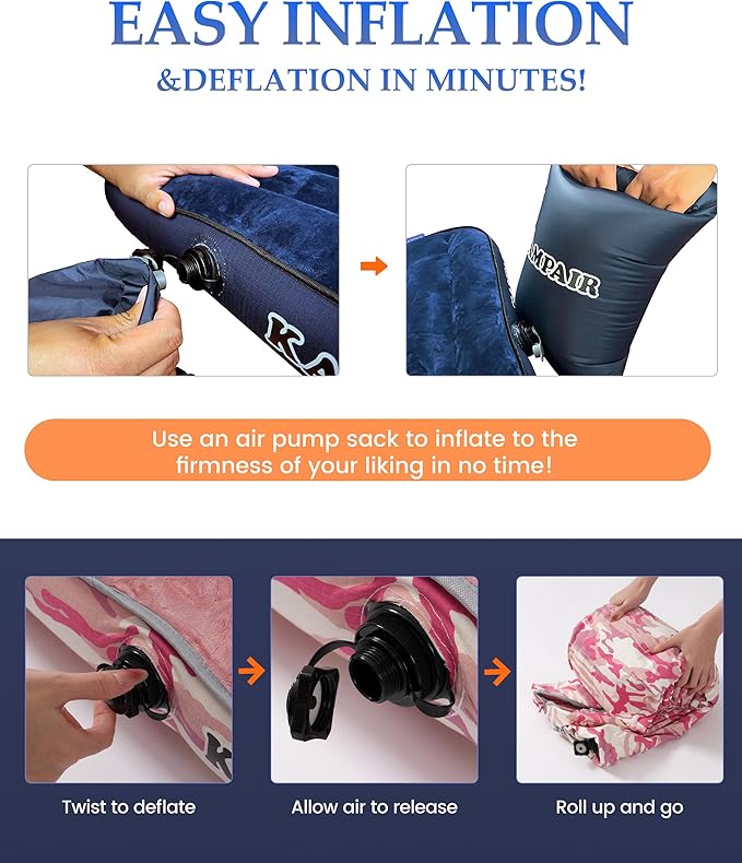 Inflatable Sleeping Pad for Camping, Extra-Thick 4.75" Single Air Mattress with Soft Velvet Top, Machine Washable, Family Lightweight 4-Season Pad for Traveling & Hiking, Pink