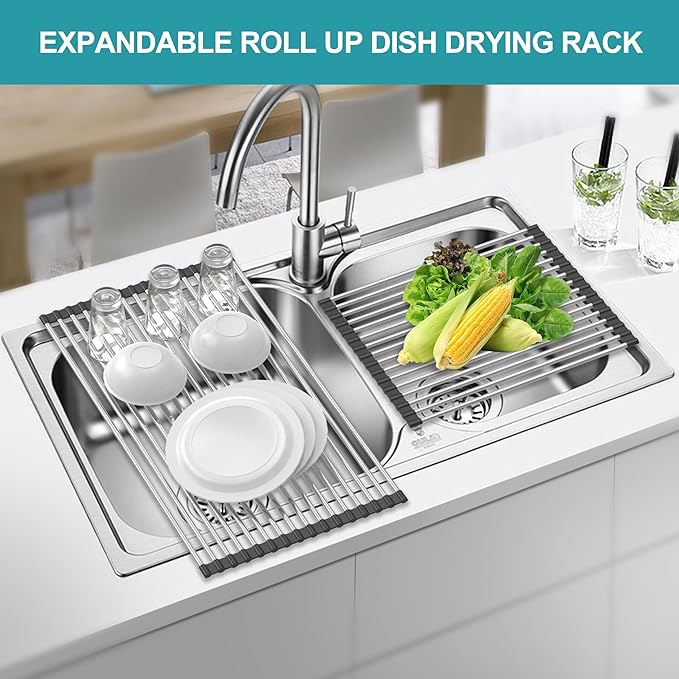 BBXTYLY Extra Expandable Roll Up Dish Drying Rack,Over The Sink Drying Rack Sink Cover Kitchen Sink Accessories Kitchen Rolling up Stainless Steel Drainer, Foldable,Rollable（Black，22.8''-12.4''）