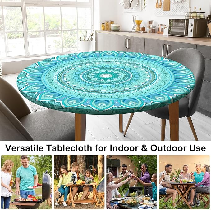 Round Tablecloth Fitted Elastic Table Cover Waterproof Table Cloth for Dinner, Party, Picnic,Camping, Round Table Cover for Indoor Outdoor