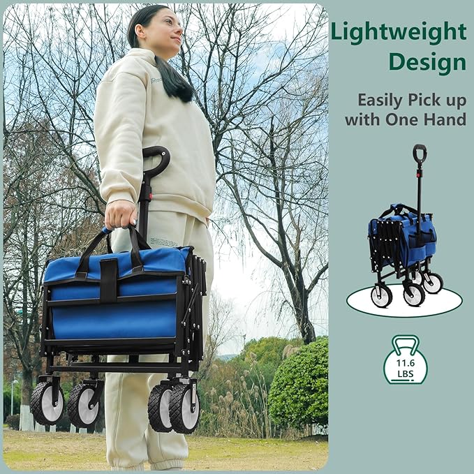 Folding Wagon Cart with Wheels and Tailgate, 330 lbs 120 l Capacity, Adjustable Handle, Portable Collapsible Utility Wagon Cart for Groceries, Outdoor Camping, Shopping, Garden (Blue)