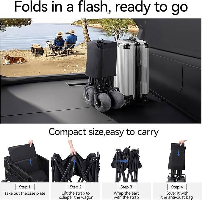 DXZ Beach Wagon Cart with Big Wheels for Sand – Folding Collapsible Wagon, Heavy Duty Wagons Carts Foldable for Beach, Camping, Outdoor Gear, Easy Setup Black Grey