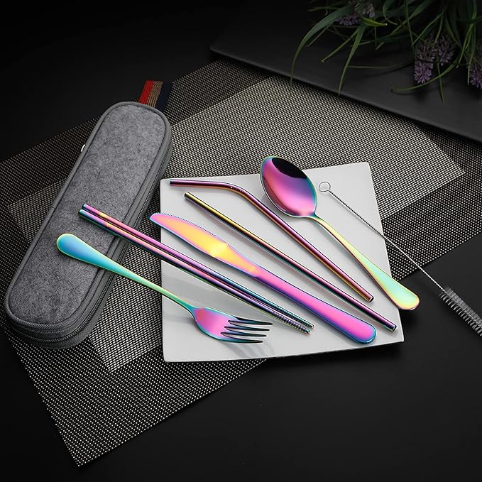 DEVICO Portable Utensils, Travel Camping Cutlery Set, 8-Piece including Knife Fork Spoon Chopsticks Cleaning Brush Straws Portable Case, Stainless Steel Flatware set (Rainbow)