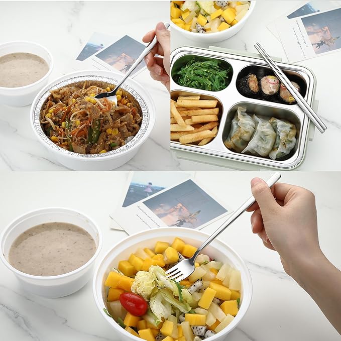 DEVICO Travel Utensils with Case, Stainless Steel Reusable Camping Silverware Set for Lunch Box, Portable Cutlery Kit Includes Fork, Spoon, Chopsticks (White)