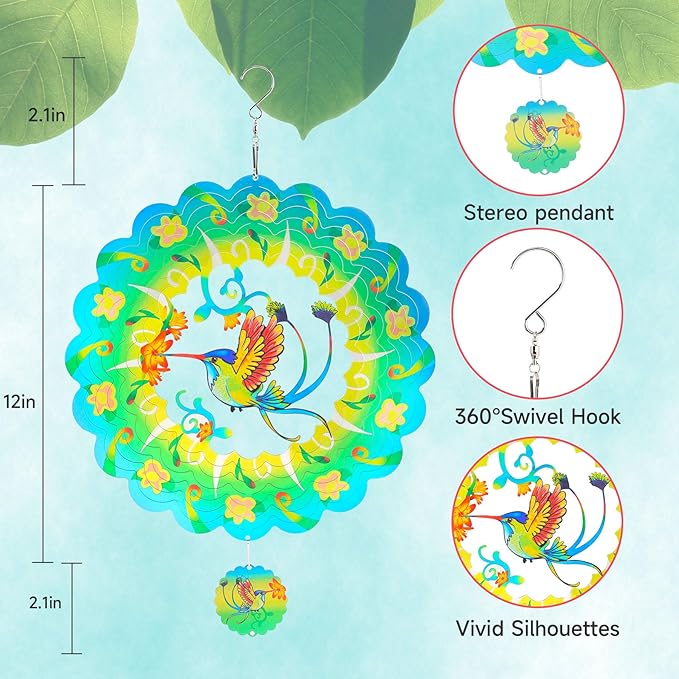 Hummingbird Wind Spinners Garden Yard Decor Gift for Women Men, 12 Inch Outdoor Metal 3D Wind Spinner, Stainless Steel Green Hanging Wind Catchers Kinetic Sculpture for Outside Decoration