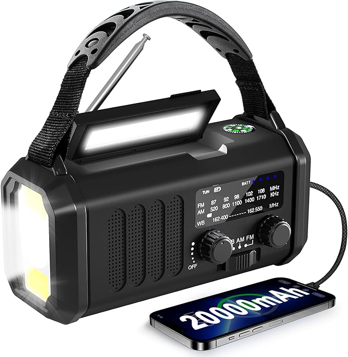 Emergency Radio NOAA Weather Radio Hand Crank & Solar Charging 20000mAh/74000mWh with AM FM Rechargeable Battery Built-in Flashlight Reading Light & SOS AM/FM & Portable for Camping & Emergencies