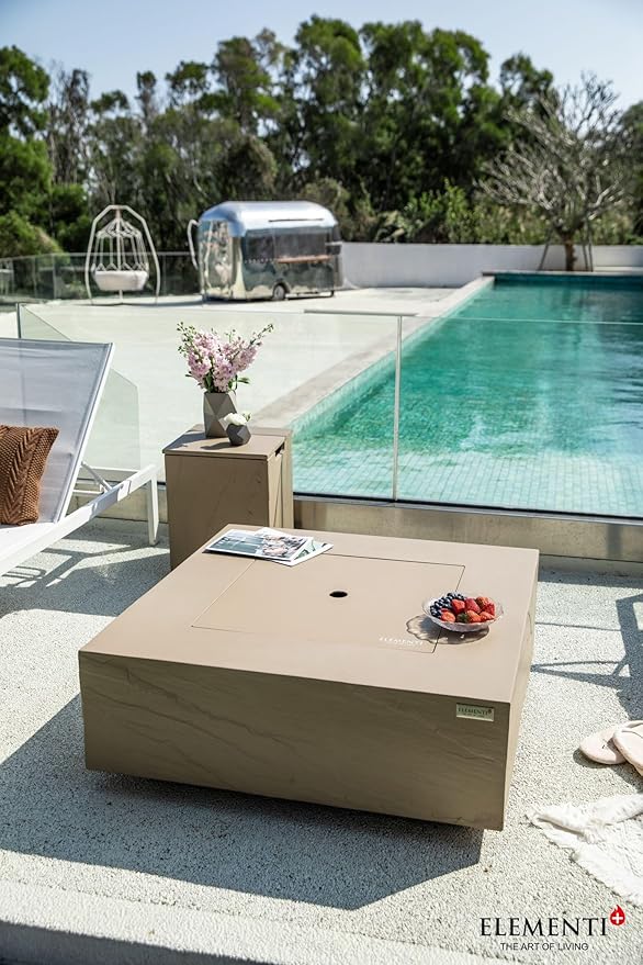 Elementi+ | Uluru Gas Fire Pit Cast Concrete 40" Square Fire Table, Outdoor Fire Pit Electronic Ignition | Canvas Cover, Fire Glass and Burner Lid Included | Sunlight Yellow | Natural Gas