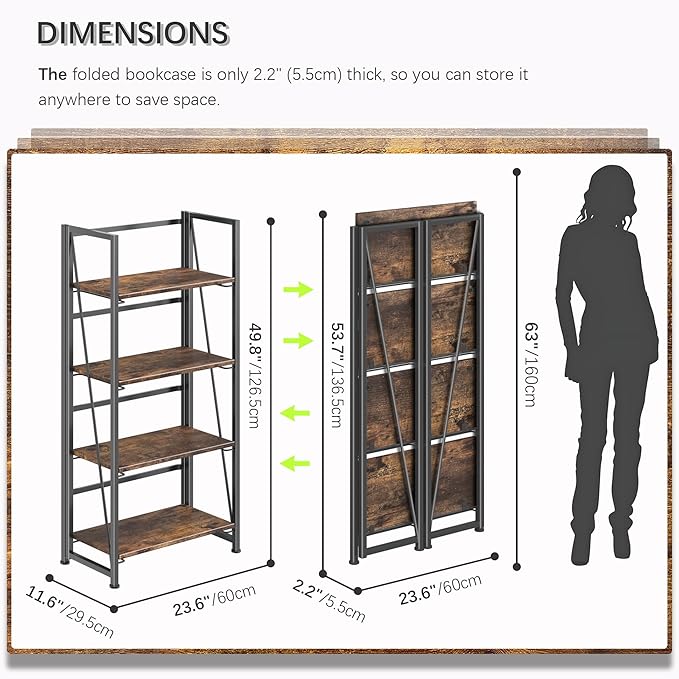 4NM No-Assembly Folding Bookshelf Storage Shelves 4 Tiers Vintage Bookcase Standing Racks Study Organizer Home Office (Rustic Brown Black)