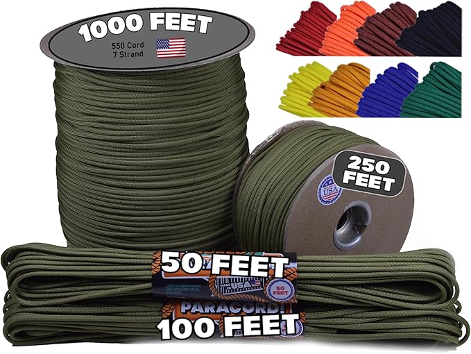 BORED? PARACORD! 550 lb Paracord - Ideal for Crafting, Camping, DIY Projects, Active & Military Outdoors - Strong Survival Rope - Tactical Parachute Cord Type III - Moss 50 Feet