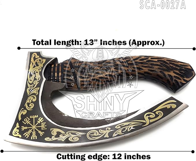 SHINY CRAFTS - Viking Pizza Axe with Golden Etching - Authentic Medieval Axe with Sheath (SCA-027-A)