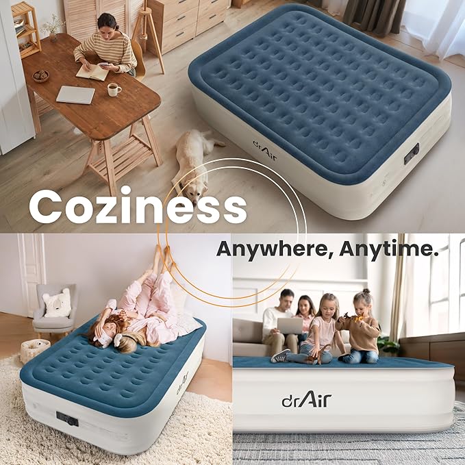 King Air Mattress, 18” Raised Inflatable Bed with Built-in Pump, Waterproof Velvety Top, Ergonomic Design, Reinforced Support, and Carry Bag for Home, Camping, and Guests