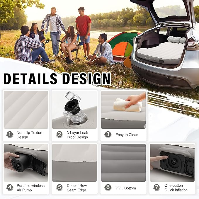Self-Inflating Car Air Mattress for Tesla Model Y 2025 2024-2020 / Model Y Juniper 2026 Accessories Outdoor Camping Air Bed with 2 Pillows Built-in Pump Air Couch Flocking Air Cushion (Beige&Gray)