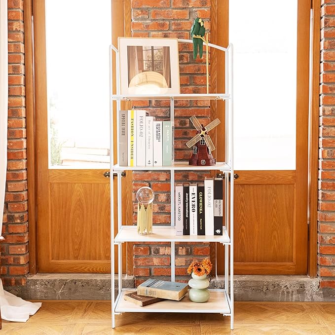Crofy No Assembly Folding Bookshelf for Living Room, 4 Tier White Collapsible Book Shelf for Home Office, Portable Bookcase Storage Organizer