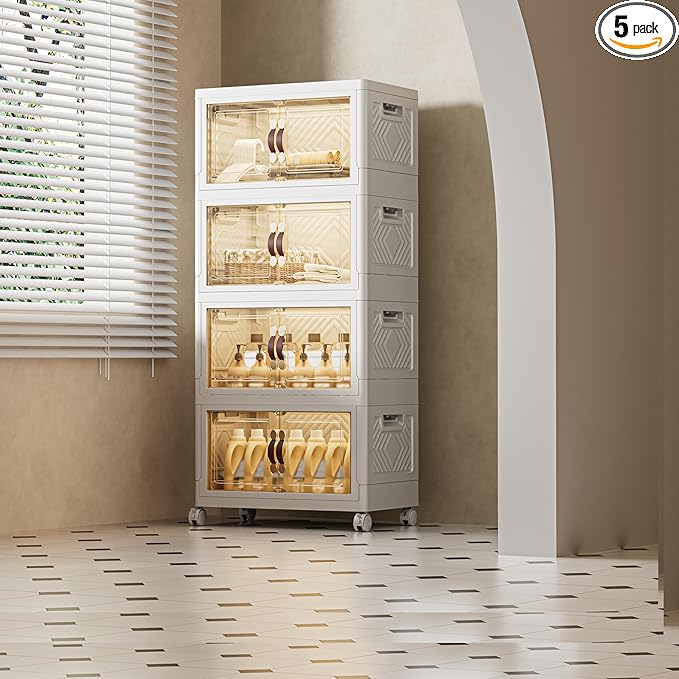 180 QT / 45 Gal Stackable Storage Bins (1 Lid) w/Wheels & Magnetic Doors, Collapsible Plastic Organizer Cabinet for Closet Office Garage - White Storage Containers