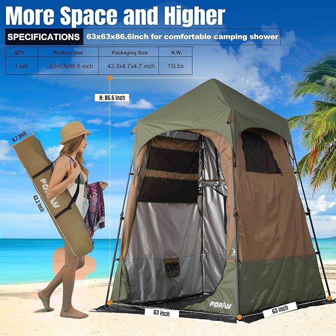 Camping Shower Tent Deluxe Changing Room Easy Set Up Privacy Shelter,Large Toilet Tent with Floor Drain Design for Beach, Camping,Hiking with Stakes and Ropes for Stability