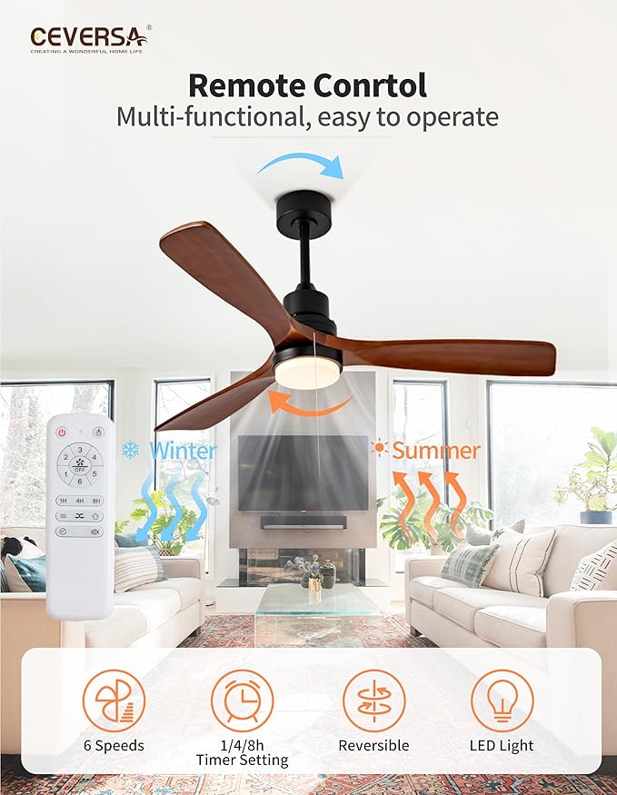 52 Inch Ceiling fans with Lights and Remote,3 Blades Wood Modern Ceiling Fans,Noiseless Reversible DC Motor,Outdoor Ceiling Fans for Patio,Living Room,Bedroom,Indoor,Farmhouse