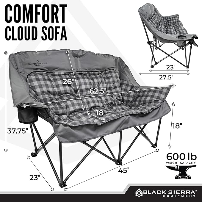 Black Sierra Double Camping Chair for Adults, Oversized Folding Loveseat Supports 600 lbs, Plush Padded Outdoor Couch with Cup Holders and Carry Bag for Beach, Patio, RV, or Tailgating Events