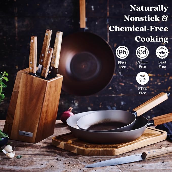 Alva Forest 4 Piece Seasoned Blue High Carbon Steel Pan Set Natural Nonstick Frying Pans Non Toxic PFAS PFOA PTFE Free Carbon Steel Frying Pans & Nonstick Wok Pan Safe for All Stovetops & BBQ