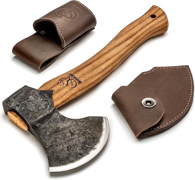 BeaverCraft Bushcraft Hatchet with Sheath for Camping AX3 - Small Wood Carving Axe - Forged Axes for Chopping - Forest Backpacking Hatchet with Wooden Handle - Firewood Splitting Axe, Gardening Axes