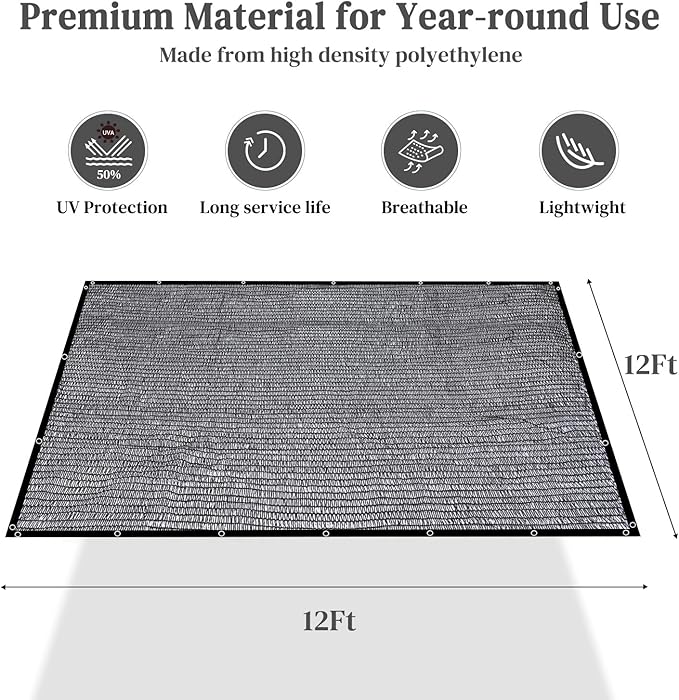 Garden 50% Shade Cloth, 12 x 12 FT Sun Shade Mesh Tarp with Reinforced Grommets, Durable HDPE Material Outdoor Shade Cloth for Plants, Greenhouse, Pergola and Backyard Patio Sunshade