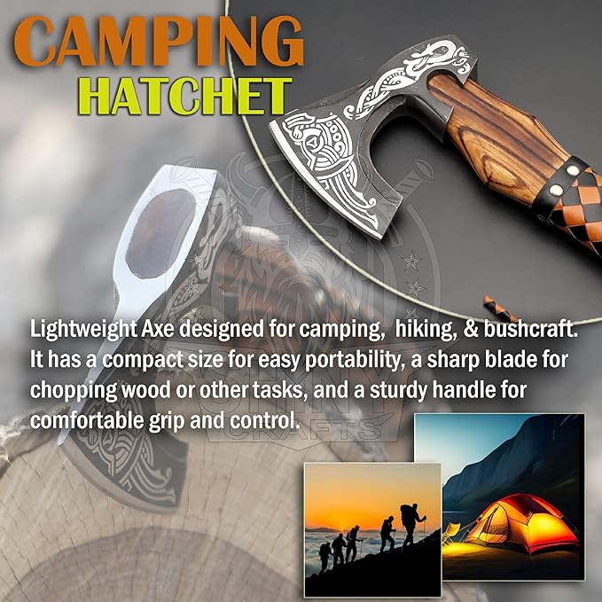 SHINY CRAFTS Viking Axe - Handmade Hatchet Norse Valhalla Runic Carbon Steel Head Engraved Handle Wolf Camp Axe With Genuine Leather Sheath & Wrap (SCA 03)