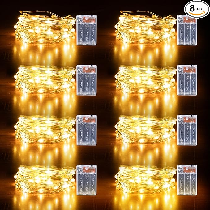 Fairy Lights Battery Operated String Lights 16.4ft 50LED Flashing and Constant Light Waterproof Silver Wire for Christmas DIY Party Bedroom Wedding (Warm White, 8 Pack)