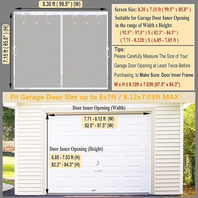 Garage Door Screen for 1 Car Garage 8x7FT White, Magnetic Screen Door 8x7 FT Garage/Patio/Porch/Balcony with Retractable Fiberglass Mesh & Heavy Duty Weighted Bottom, Hands Free, Easy Assembly