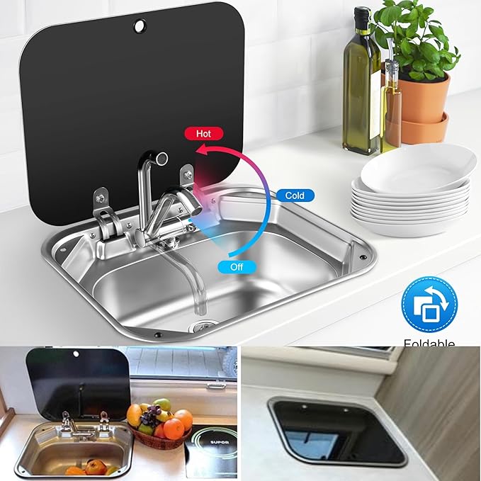 Cafe Bar Kitchen RV Sink with Folding Faucet A and Lid, Stainless Steel Single Bowl Hand Wash Basin Drop In Sink with Cover for Bar Caravan Van RV Camper Motor Home Trailer Accessories