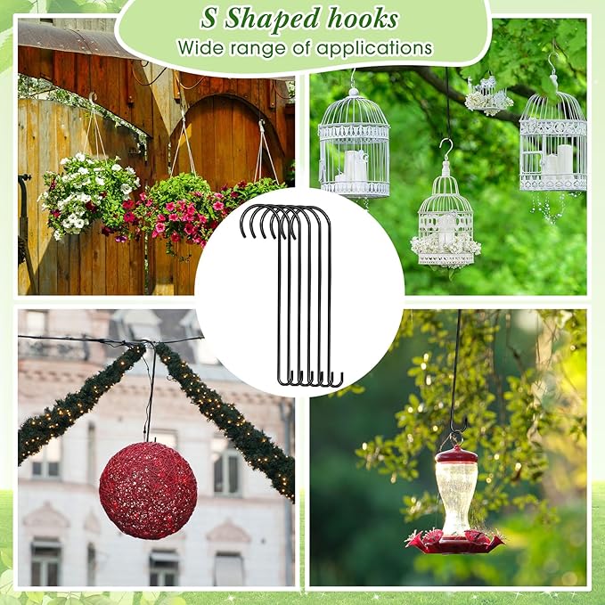 12 Pack 24 Inch Large S Hooks for Hanging Plants Black Metal Plant Hanger Long Tree Hooks Plant Hooks Outdoor Hanging Hooks for Tree Branch, Bird Feeder, Basket, Lantern Indoor Closet Garden