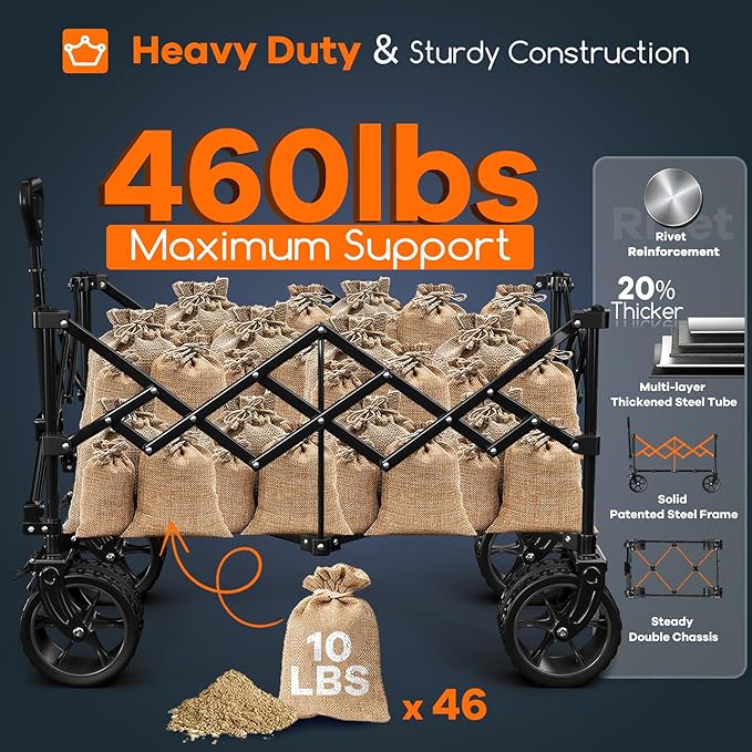 220L Collapsible Wagon Cart Foldable, 460LB Load Capacity Heavy Duty Folding Beach Wagons with Big All-Terrain Wheels, Utility Carts for Groceries, Shopping, Camping, Sports - Green