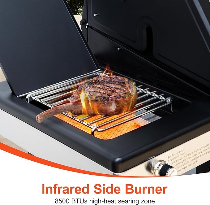Brand-Man 4 Burner Propane Grill with Infrared Sear Side Burner 8500 BTU, Cabinet Style Gas BBQ Grill with Side Table for Barbecue Grilling & Backyard Cooking