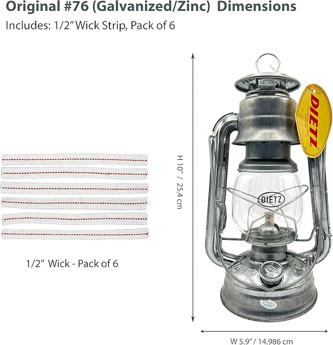 Light of Mine - Dietz #76 Original Galvanized Oil Lantern with 1/2" Replacement Wick Strips (Galvanized/Zinc)