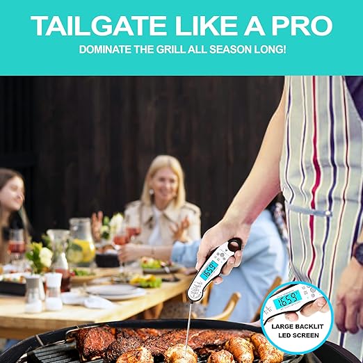 Instant Read Meat Thermometer for Cooking, Fast & Precise Digital Food Thermometer with Backlight, Magnet, Calibration, Foldable Probe, Waterproof Grill Thermometer for Deep Fry. (White Black)