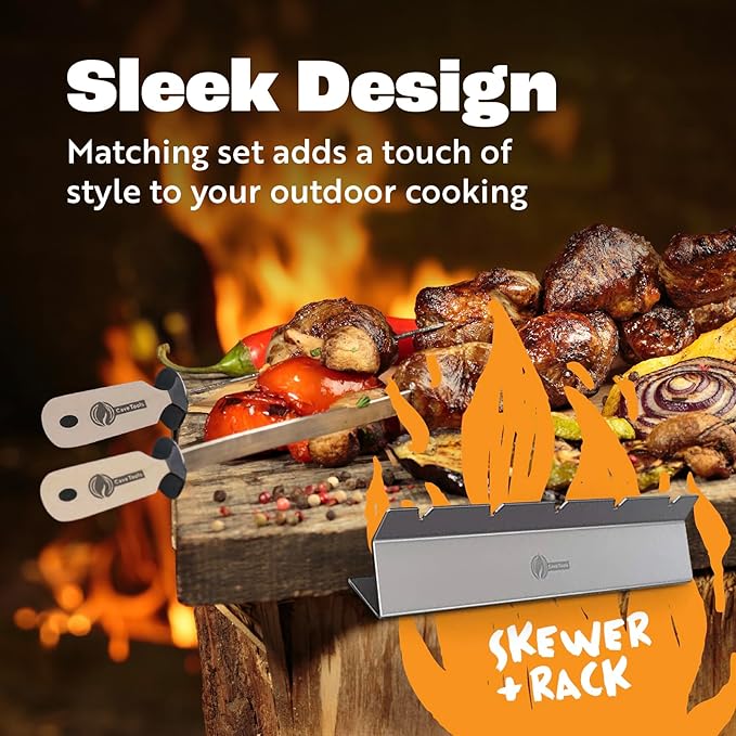 Cave Tools Kebab Rack & Skewers Set - Stainless Steel, Includes 10 Flat Skewers with Food Remover Disc - Compatible with All Types - 17.3 Inch BBQ Grilling Accessories