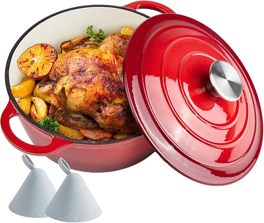 4.5 Quart Dutch Oven Enameled Cast Iron with Lid - Big Dual Handles - Oven Safe up to 500°F - Classic Round Pot for Versatile Cooking Red