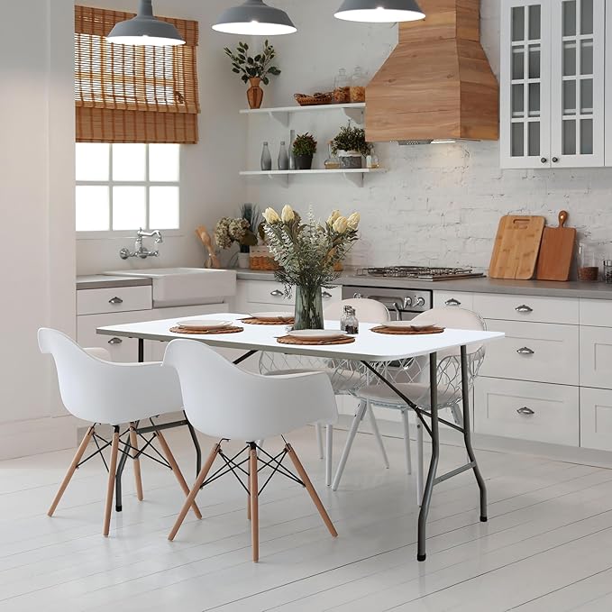 Foldable Table, Plastic 6FT Folding Table, Indoor Outdoor Portable Utility Table with Handle for Party, Camping and Picnic, White