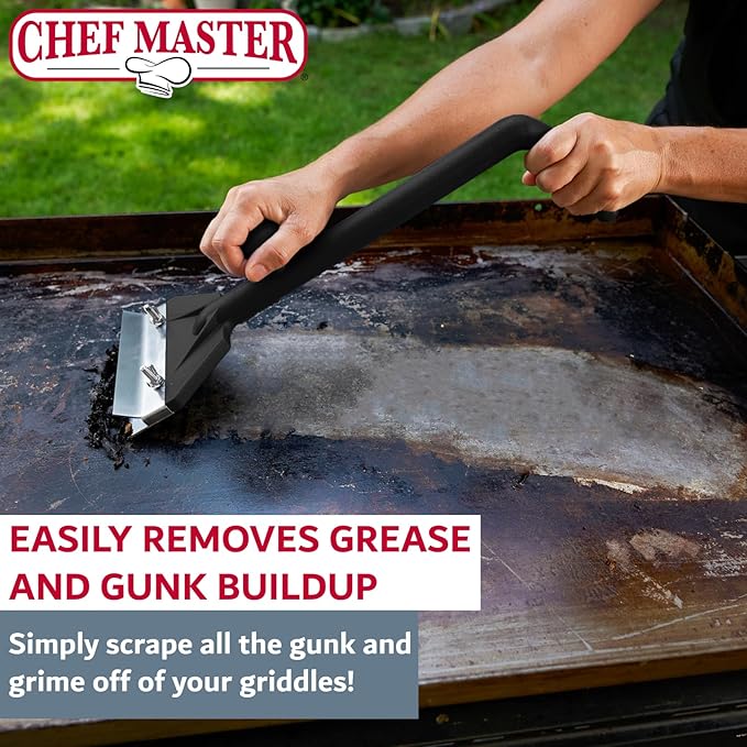 Chef Master Griddle Scraper w/Replacement Blade & Grill Scrubber Combo, Commercial Flat Iron Grill Griddle Scraper for Home, Diner, Bar & Restaurant, Flat Top Iron & Blackstone Accessories - 90254