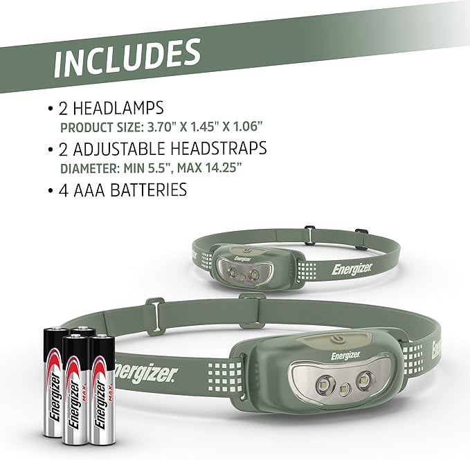 Energizer Universal Plus LED Headlamp, Lightweight Bright Headlamp for Outdoors, Camping and Emergency Light for Adults and Kids, Includes Batteries, Pack of 2