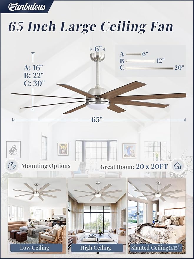 65 Inch Ceiling Fans with Lights and Remote, Brush Nickel Indoor/Outdoor Ceiling Fan with Quiet Reversible DC Motor, 6 Speeds, 3CCT, 8 Blades Large Ceiling Fan for Living Room Bedroom Patio