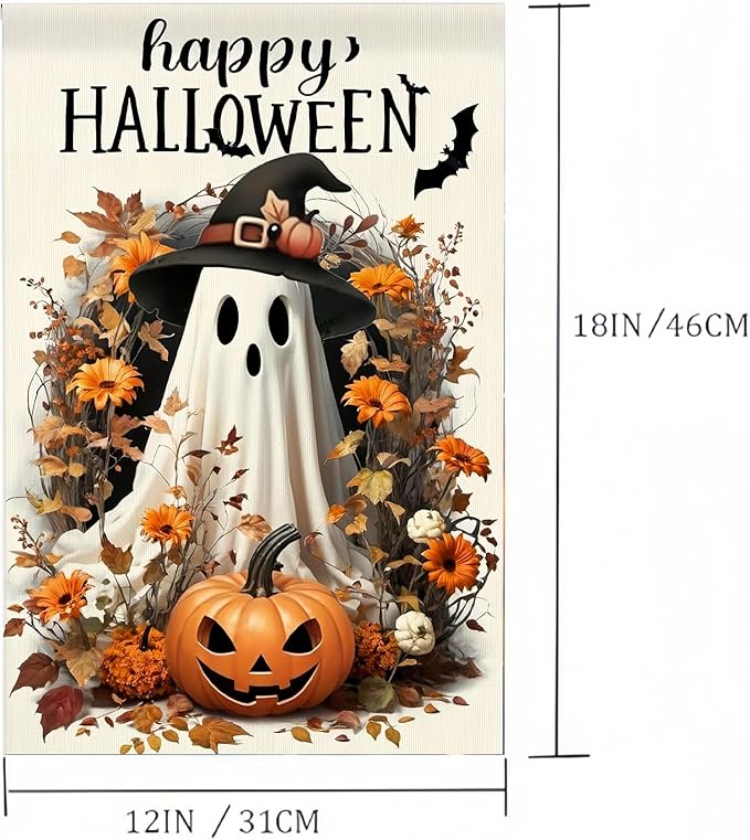 Happy Halloween Garden Flag 12X18 Inch Double Side, Ghost Yard flag,Pumpkin Jack O Lantern Outside Small Garden Flag,Outdoor Flag for Holiday Patio Courtyard Lawn Decoration