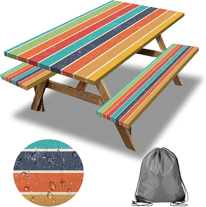 Colorful Picnic Table Cover with Bench Covers, 3 Pcs Waterproof Elastic Picnic Table Cover Outdoor Camping Essentials, Windproof Fitted Tablecloth for Camping, Indoor, Outdoor (Striped, 60X30 Inch)