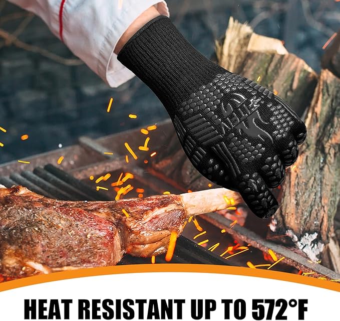 BBQ Gloves, Oven Gloves, Extreme Heat Resistant Barbecue Gloves, Silicone Non-Slip Oven Mitts, Kitchen Gloves for Cooking, Grilling, and Baking (Black)