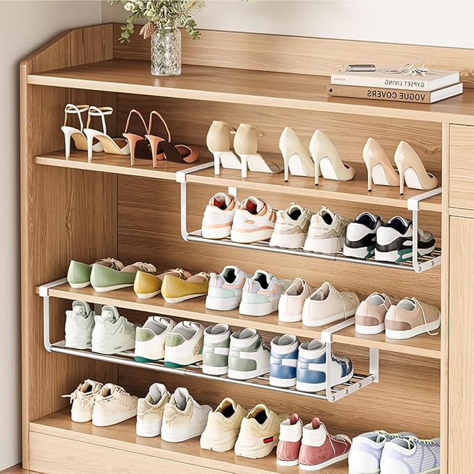 Expandable Shoe Rack Organizer - Adjustable Shoe Rack & Under Cabinet Shelf - for Shoe or Clothing Storage and Organization, Under Shelf Storage (Stainless,4Pcs)