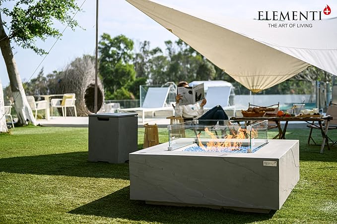 Elementi+ | Capertee Gas Fire Pit Cast Concrete 40" Square Fire Table, Outdoor Fire Pit Electronic Ignition | Canvas Cover, Fire Glass and Burner Lid Included | Light Gray | Propane Gas