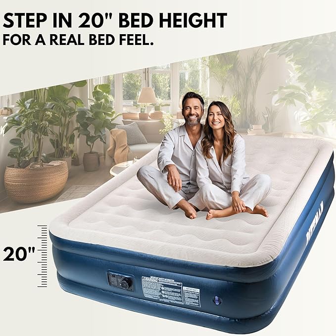Pittman - 20" Luxury Air Mattress Queen with Built in Pump - Premium Comfort Queen Size Blow up Mattress - 700lb Capacity - Ideal for Home Visits, Guests, Travel or Camping - Includes Carry Bag