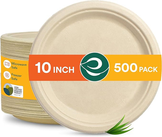ECO SOUL 100% Compostable 10 Inch Paper Plates 500 [4x125 Pc] Disposable Bulk Party Plates I Heavy Duty Eco-Friendly Sturdy Dinner, Wedding, Event Plates I Biodegradable Unbleached