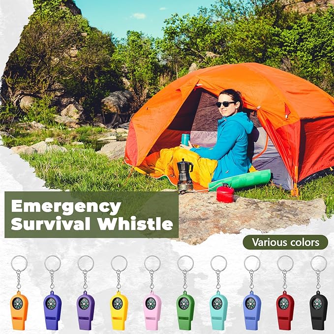 50 Pcs 2 in 1 Compass Whistles with Keychains, Emergency Survival Whistle Bulk, Easy to Carry Loud Safety for Outdoor Hiking Hunting Camping Boating Fishing(10 Colors)