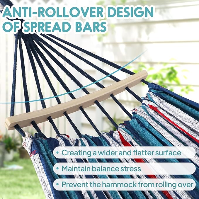 Anyoo Garden Cotton Hammock Comfortable Fabric Hammock with Spreader Bar Sturdy Hammocks Up to 450lbs Portable Lightweight Hammocks with Travel Bag for Camping Outdoor/Indoor Patio Backyard
